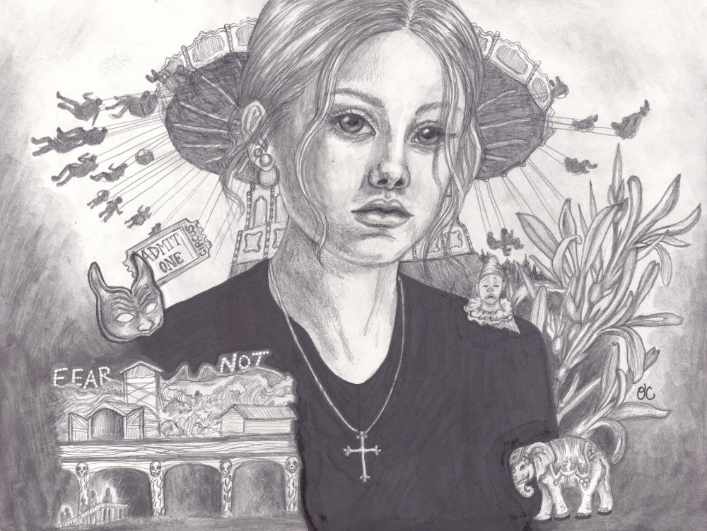 Unamused II, graphite and marker, 12" x 9"