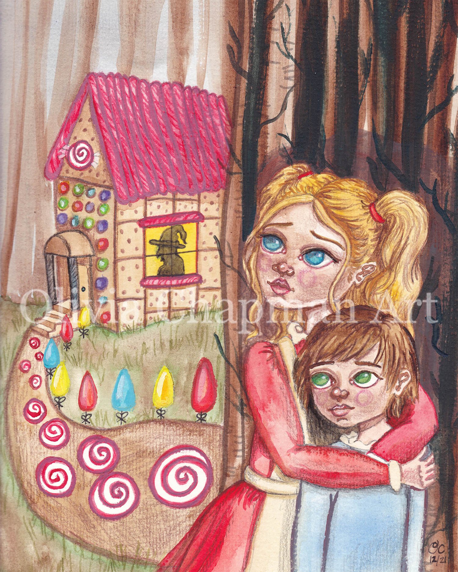 Hansel and Gretel, 8" x 10," Watercolor, colored pencils, ink and pearlescent watercolor on watercolor paper