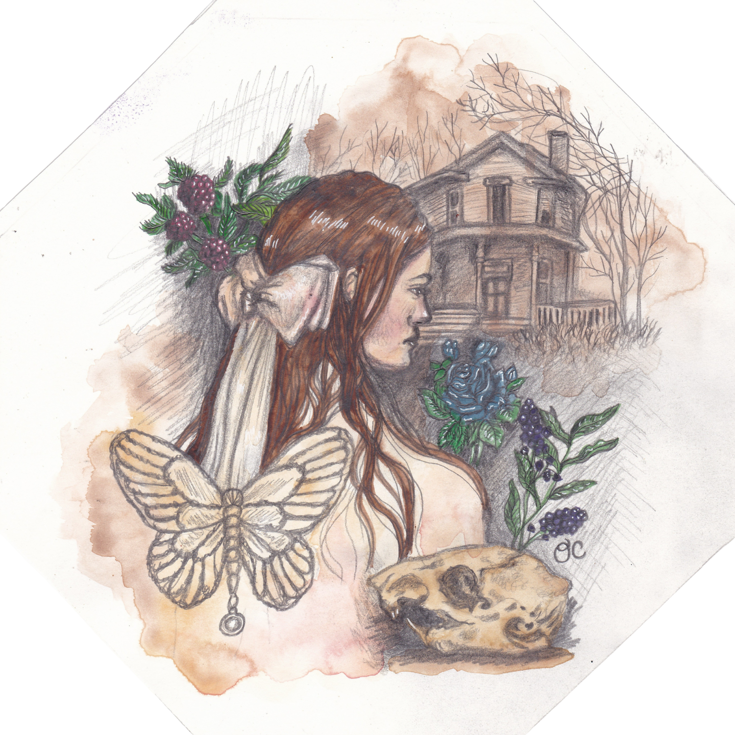 Homebound, watercolor, colored pencils, and graphite, 8" x 8"