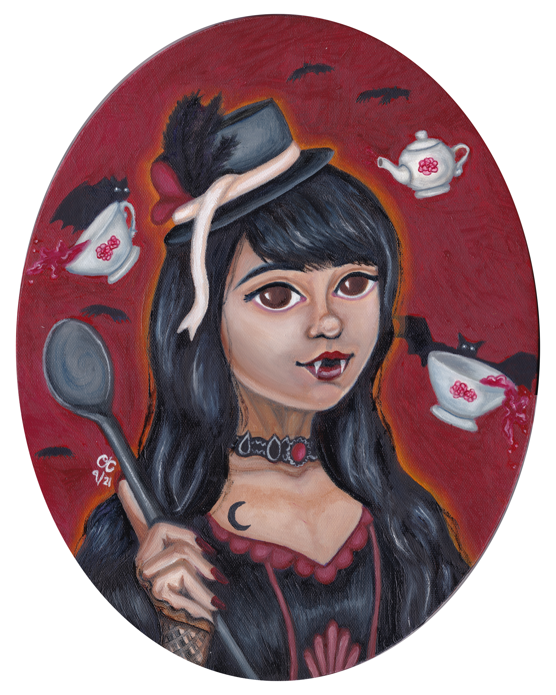 Switched to Tea, 11" x 14," Oil on oval canvas