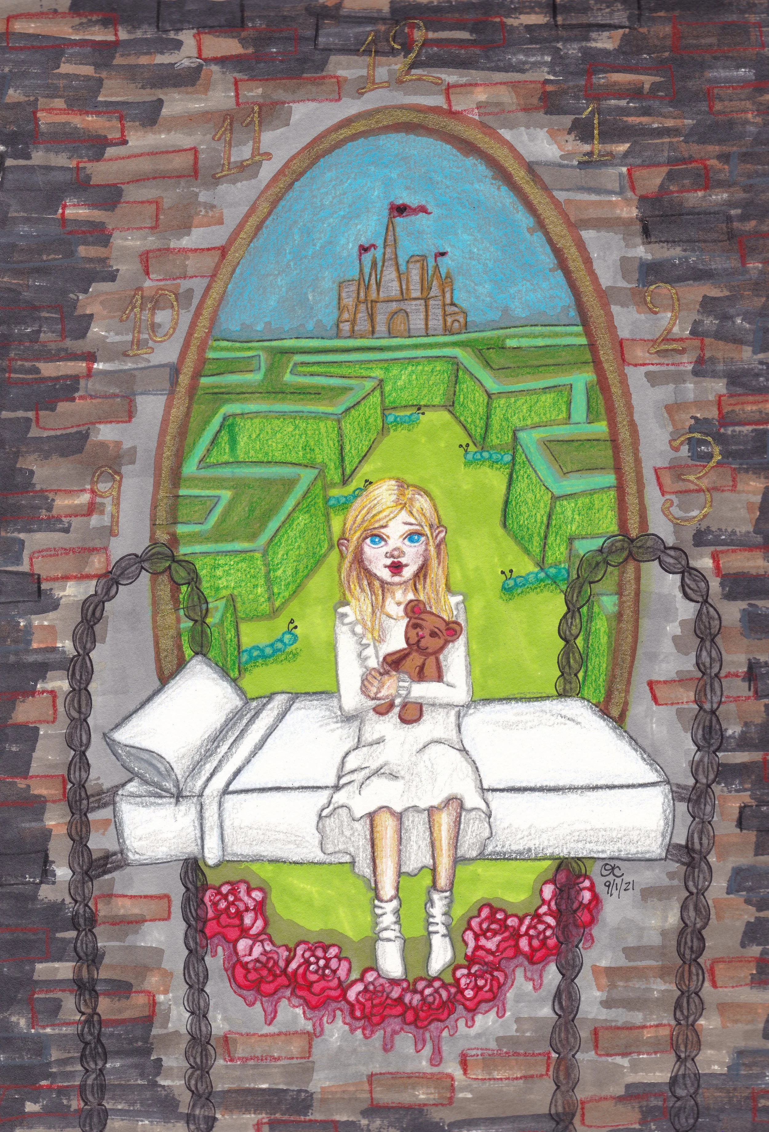 Asylum Alice, 9" x 12," Watercolor, colored pencil, marker, and ink on watercolor paper