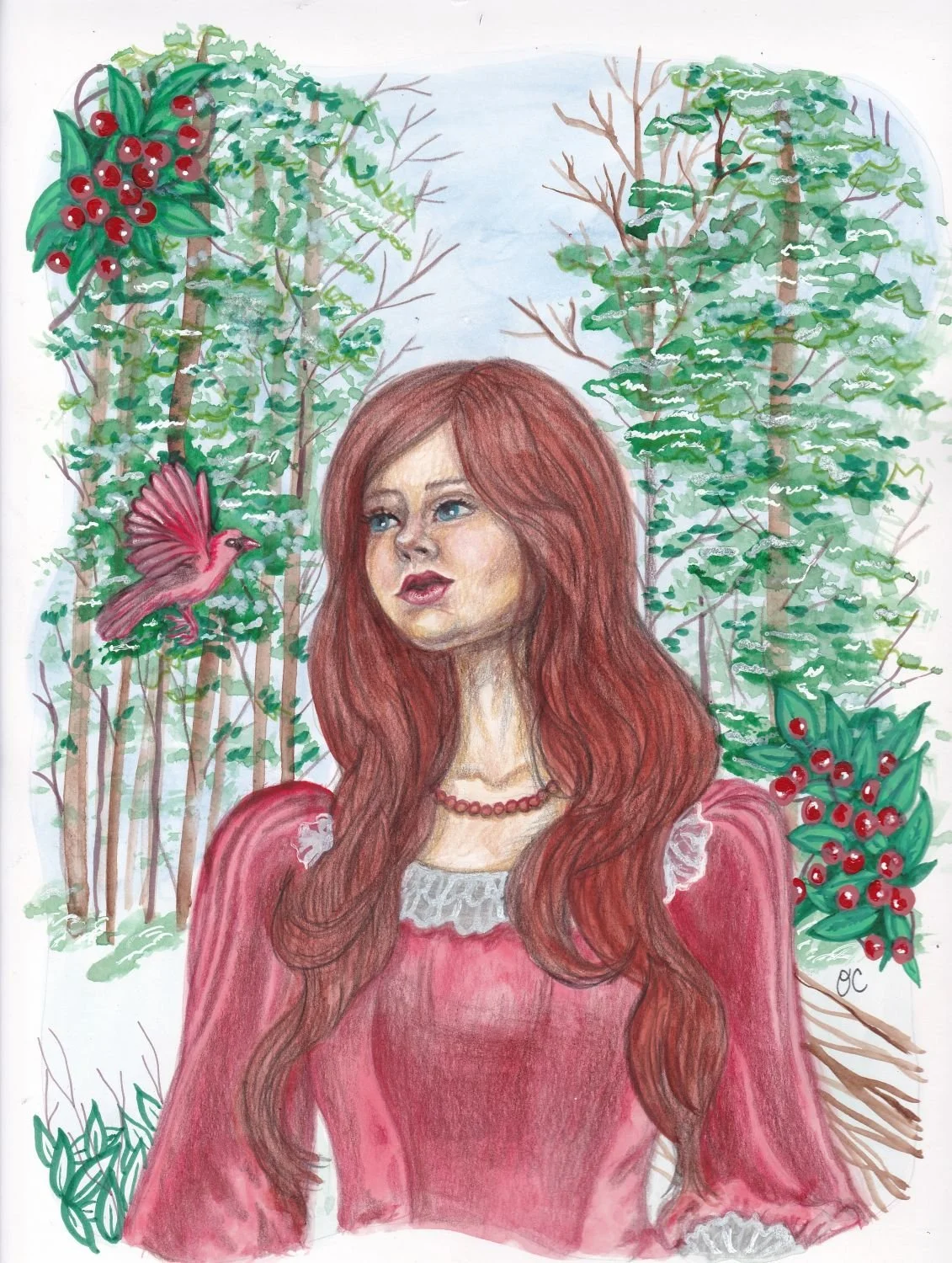 Winter Wonderland, watercolor, acrylic paint, and colored pencils, 9" x 12"