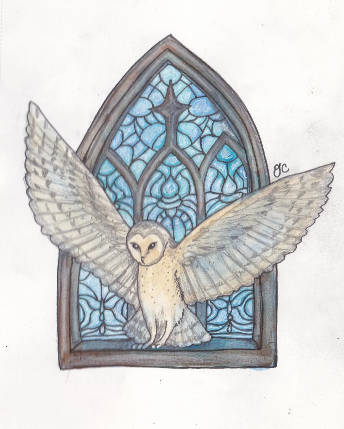 Stained-Glass Owl, watercolor, graphite and ink, 5" x 7"