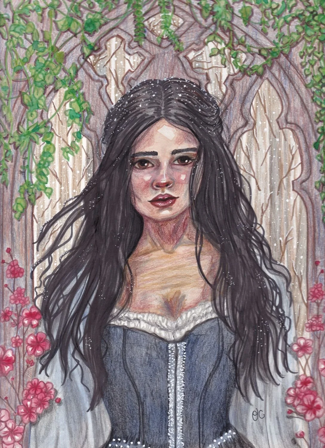 Spring in Snow, watercolor, colored pencils, and ink, 9" x 12" 