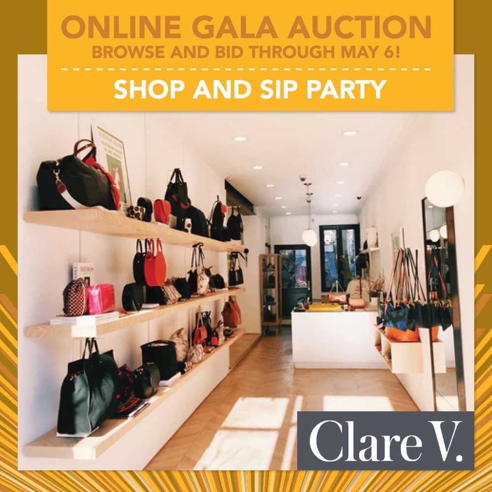 Our featured Gala Auction item today is a Shop and Sip Party!⁣
⁣
Clink! Here&rsquo;s your chance to combine two of the most wonderful activities: shopping and drinking cocktails! The Clare V. Cobble Hill location will host a shopping party for you an
