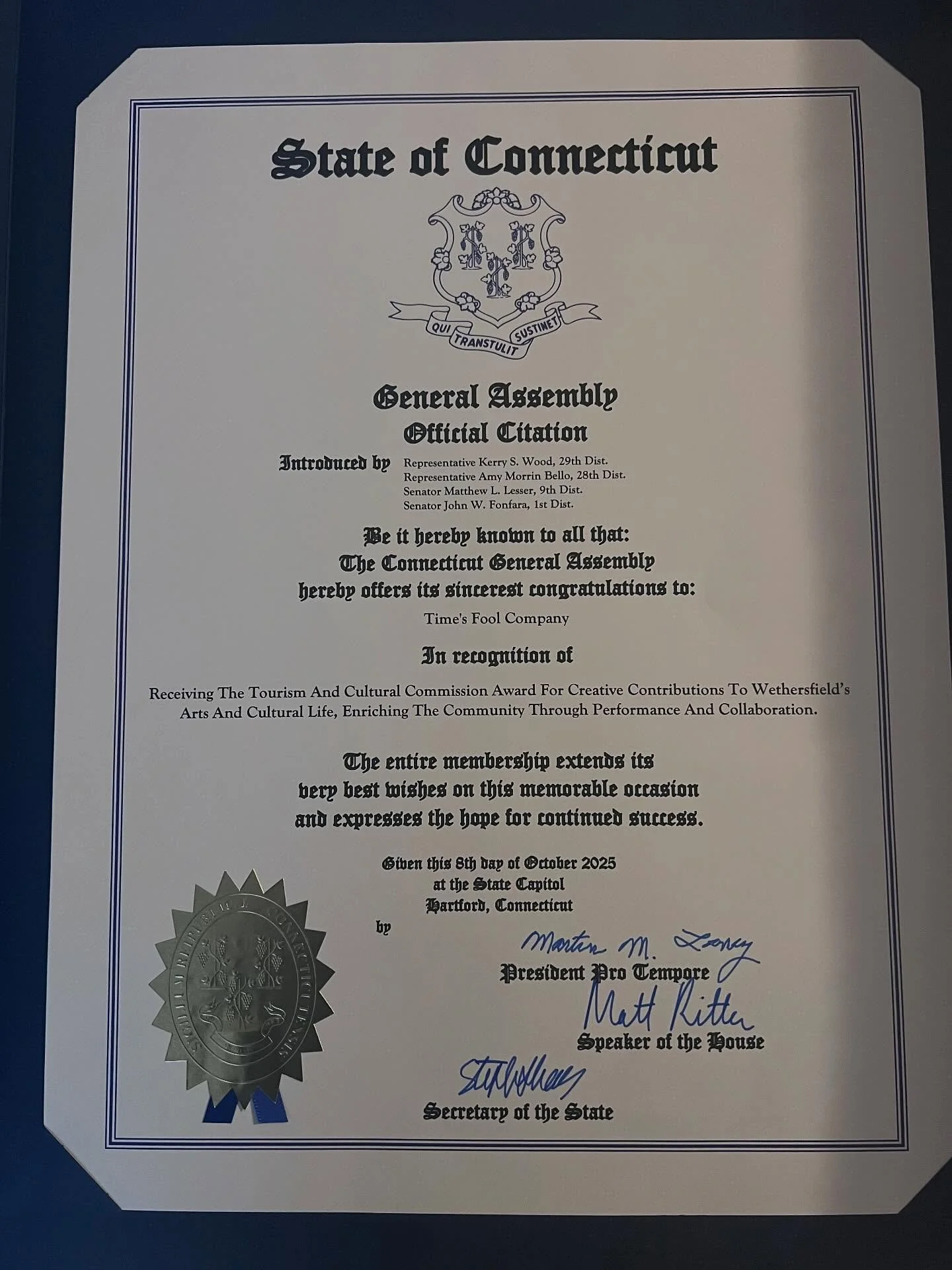 We&rsquo;re so honored and excited to be recognized by the Wethersfield Economic Development and Improvement Commission at their annual Salute to Business with a Tourism and Cultural Commission Award!

We received an Official Citation from the Connec