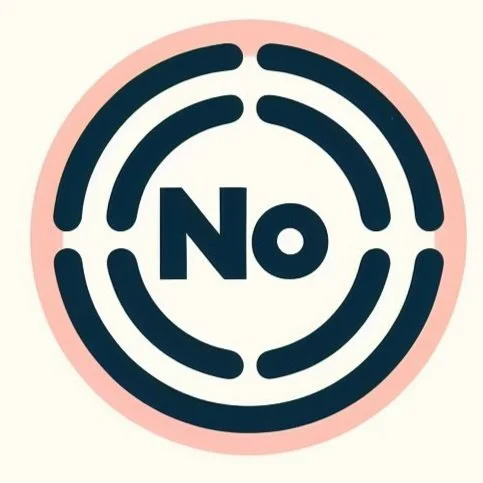 Circular graphic with the word 'NO' in the center and stylized lines around it, on a pink and white background.