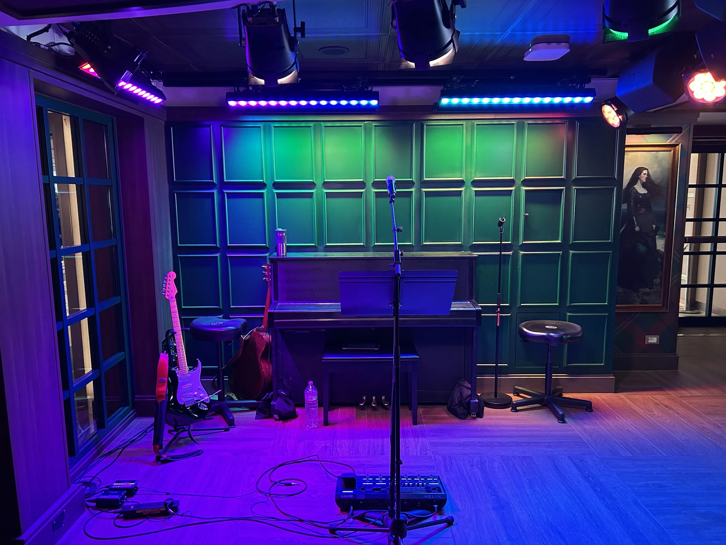 My guitars setup ready for performances in O'Malley's Irish Pub one the Star Princess