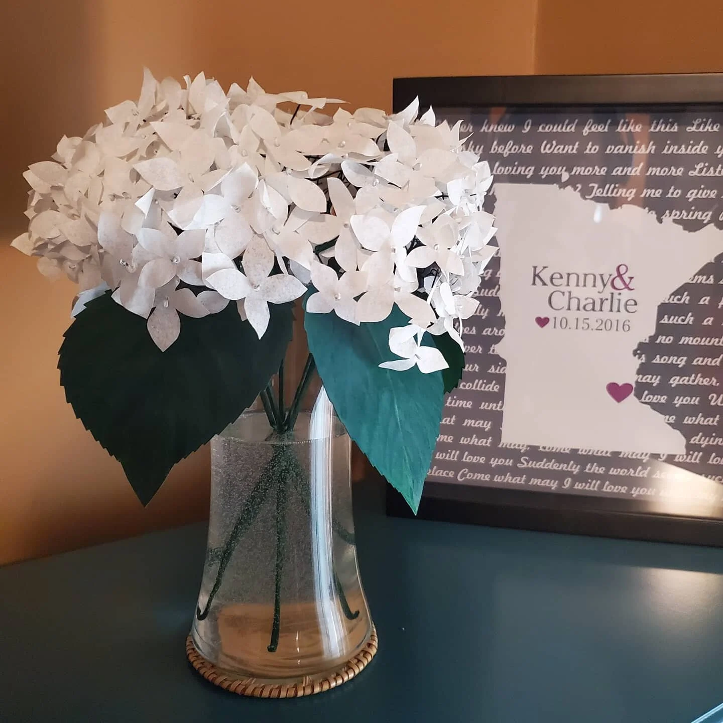 Charlie's gift to Kenny on their Anniversary - beautiful paper hydrangeas! 