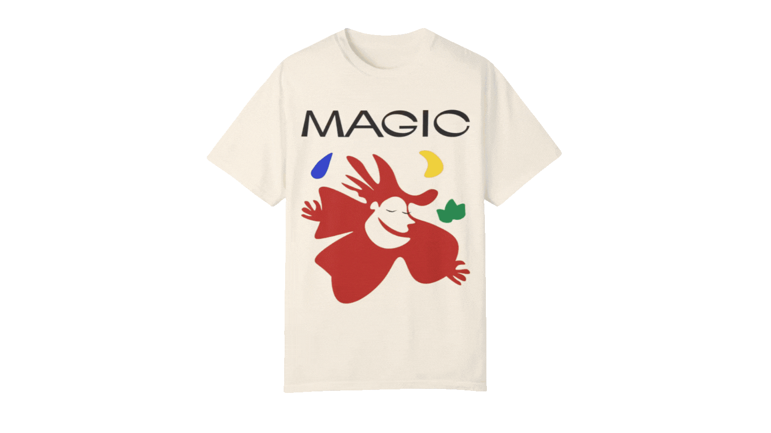 A white T-shirt with the word 'MAGIC' written at the top in black, and a colorful, abstract design of a smiling figure with arms outstretched, surrounded by shapes in blue, yellow, green, and red.