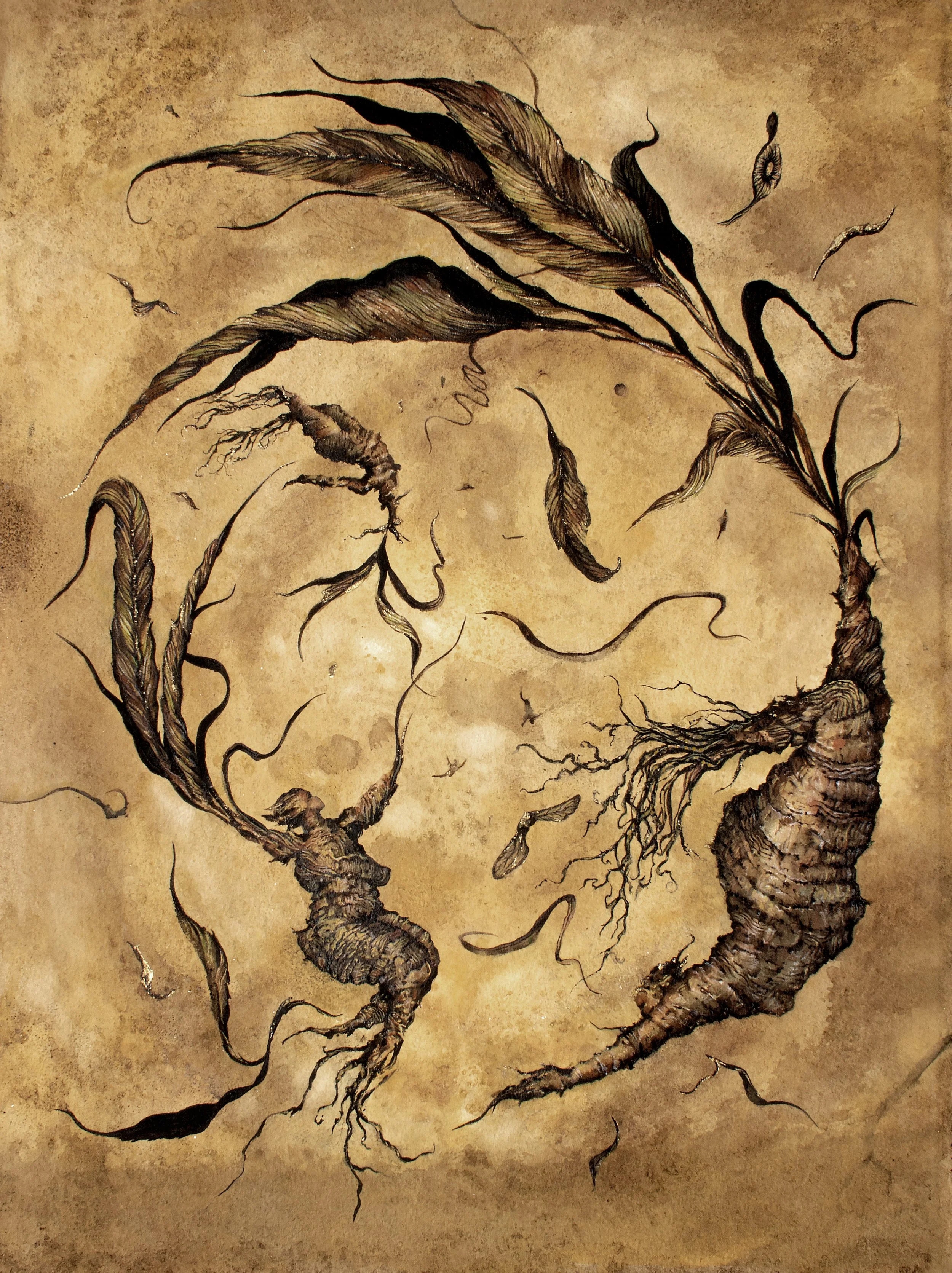 Uprooted  Watercolor, coffee, walnut ink, acrylic, 23k gold leaf 22 × 16 inch artwork 26 × 20 inch framed  Available