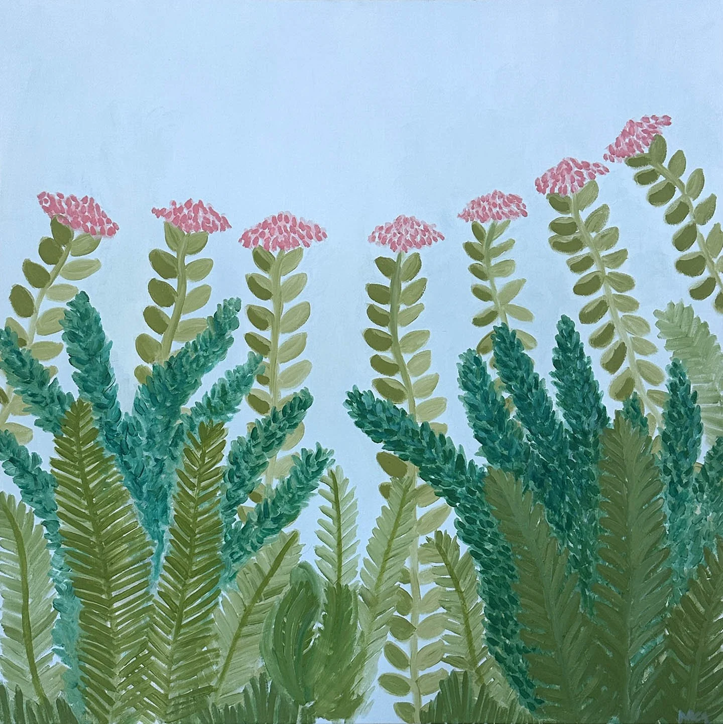 Illustration of green leafy plants with pink flowers and a light blue sky background.