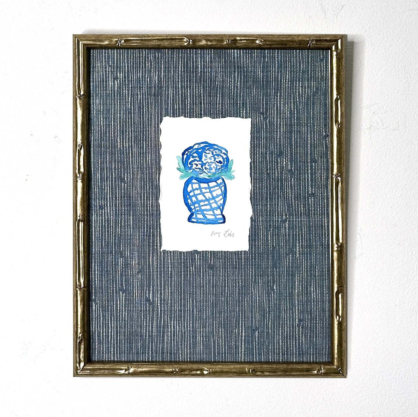 Chinoiserie Blue Hydrangea Watercolor Painting – Framed 11" x 14"