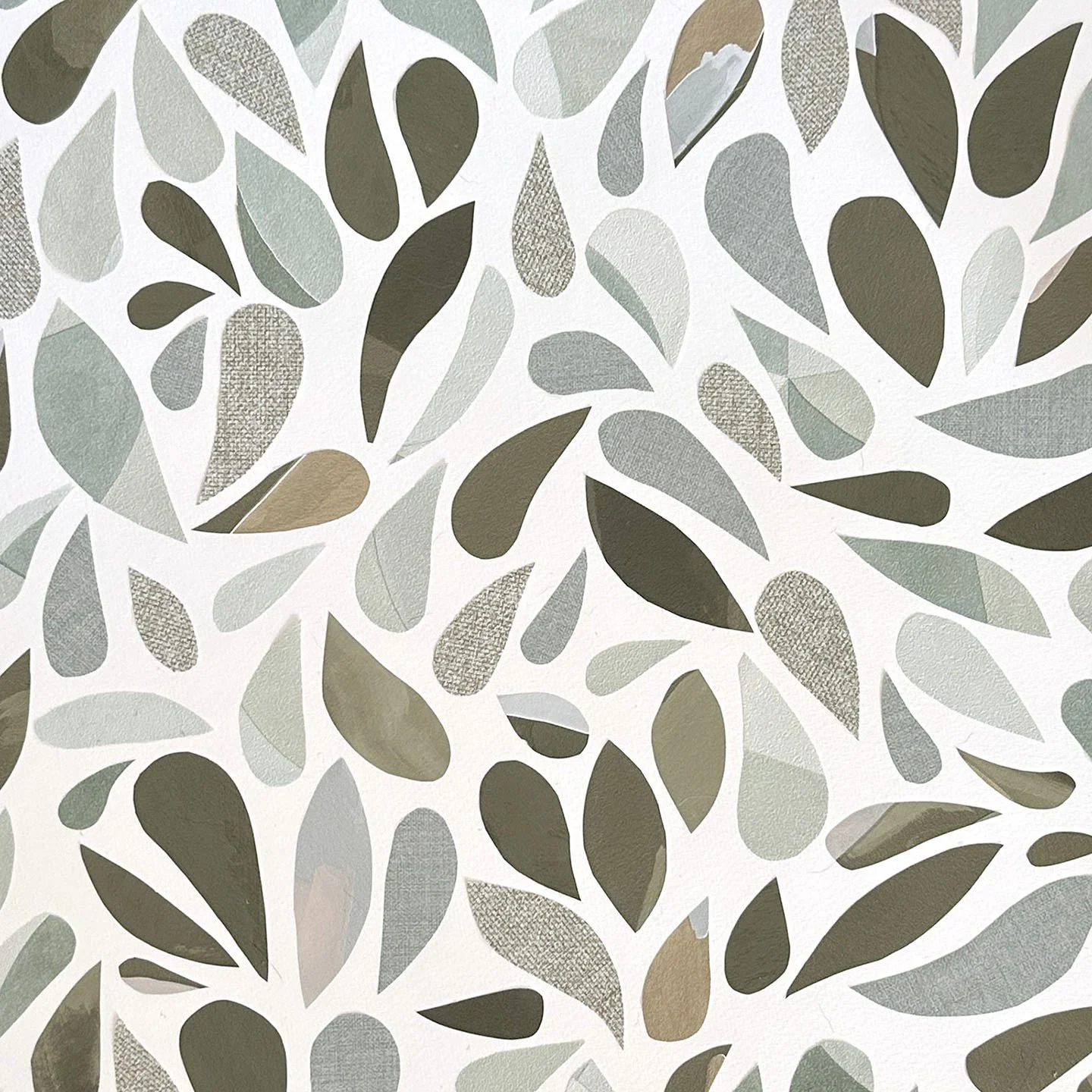 A pattern of abstract leaf shapes in various shades of neutral colors on a white background