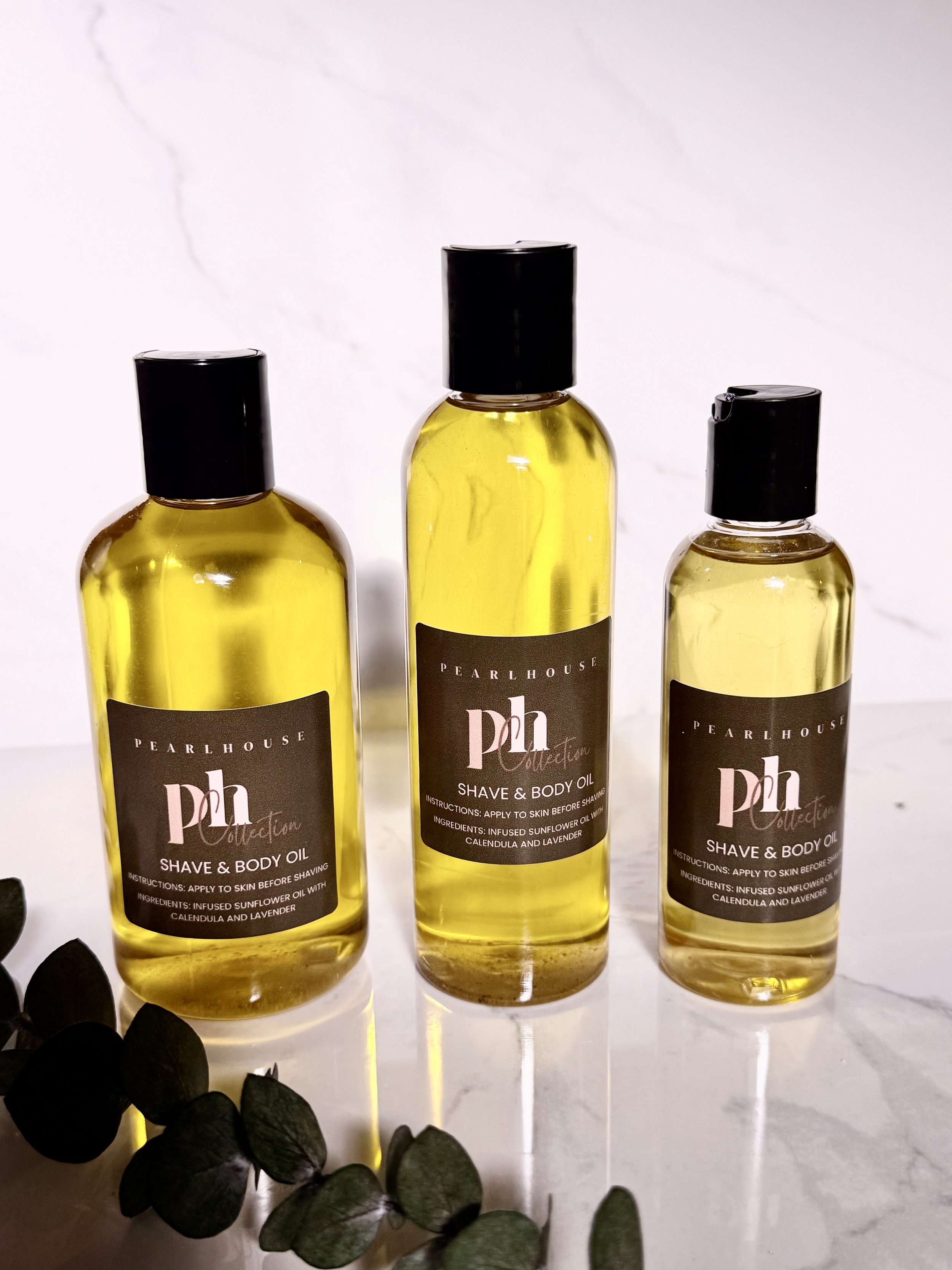 Shave body oil in different sizes; 4oz, 6oz, 8oz