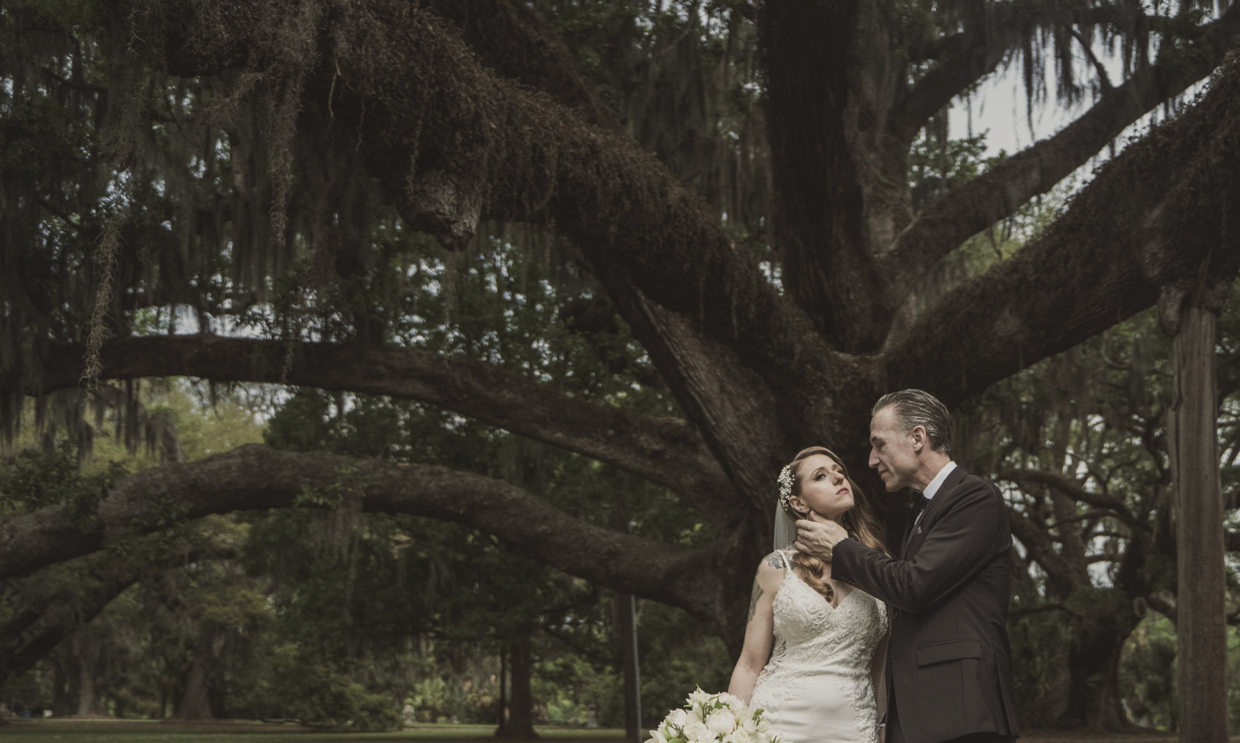 A bride and groom share a tender moment outdoors under a large, sprawling tree with hanging moss; the bride wears a white wedding gown and a floral headpiece, and the groom is in a black suit.