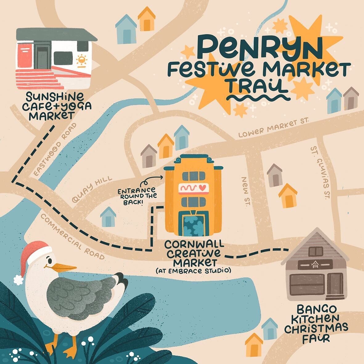 A drew a lil map! 🎄✨

If you&rsquo;ve yet to start gathering gifts and goodies for christmas, today might be a good day to pop into Penryn. There&rsquo;s a whole lot of lovely  festive makers markets to browse through, and this lil map shows you whe