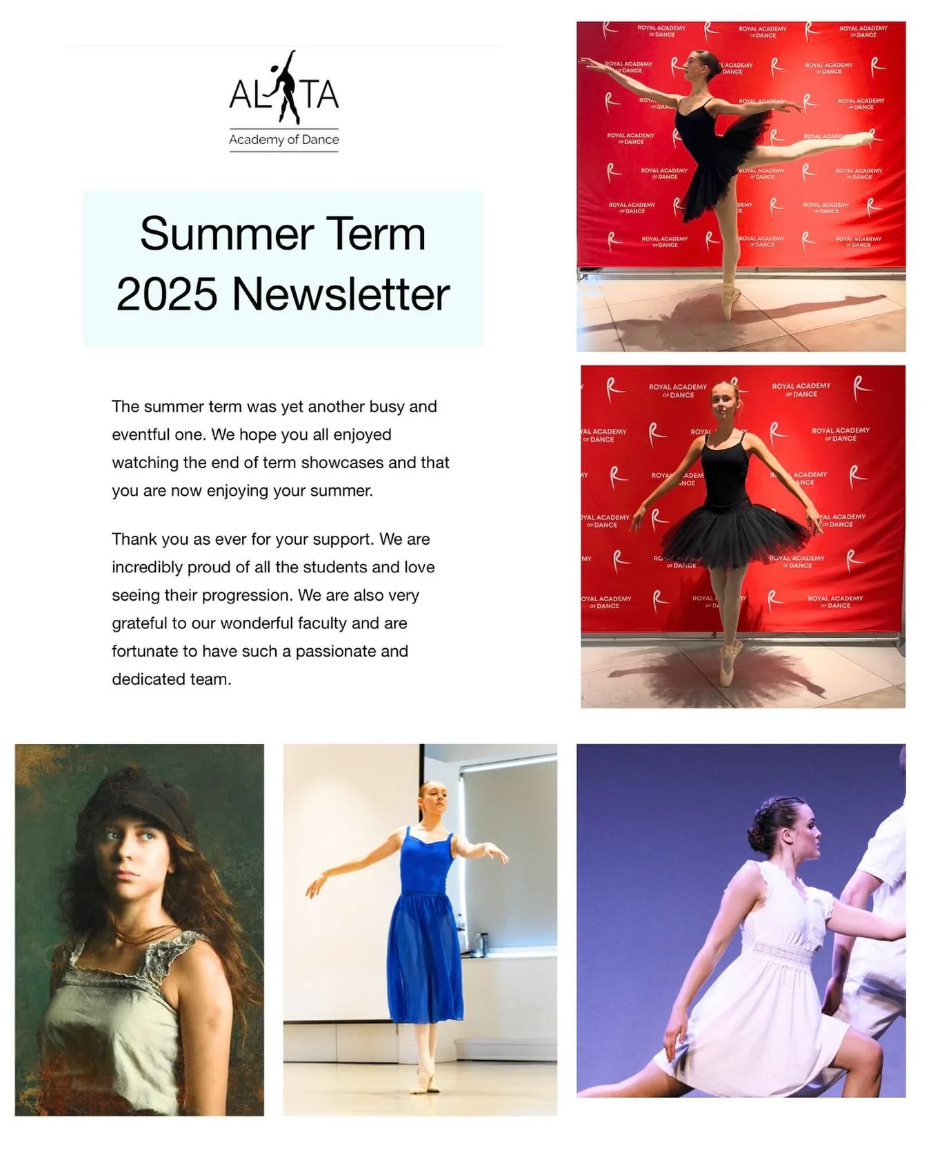 Our summer term newsletter has landed on the same day as A level results.
Today we celebrate all our dancers (some pictured here) who took their A level exams in the summer term. We hope you got the results you wanted.🤞
We wish 3 of our A level l