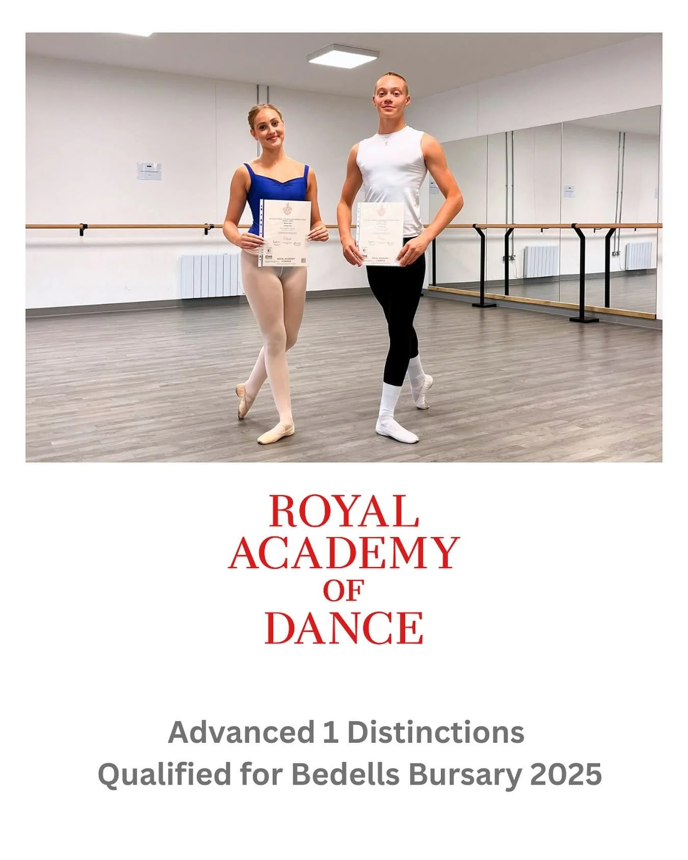 Amazing news for Matilda and Zak - both were awarded distinctions for their RAD Advanced 1 exam and have qualified for the Bedells Bursary which is the RAD’s annual competition to recognise young dancers’ excellence in artistic and techni