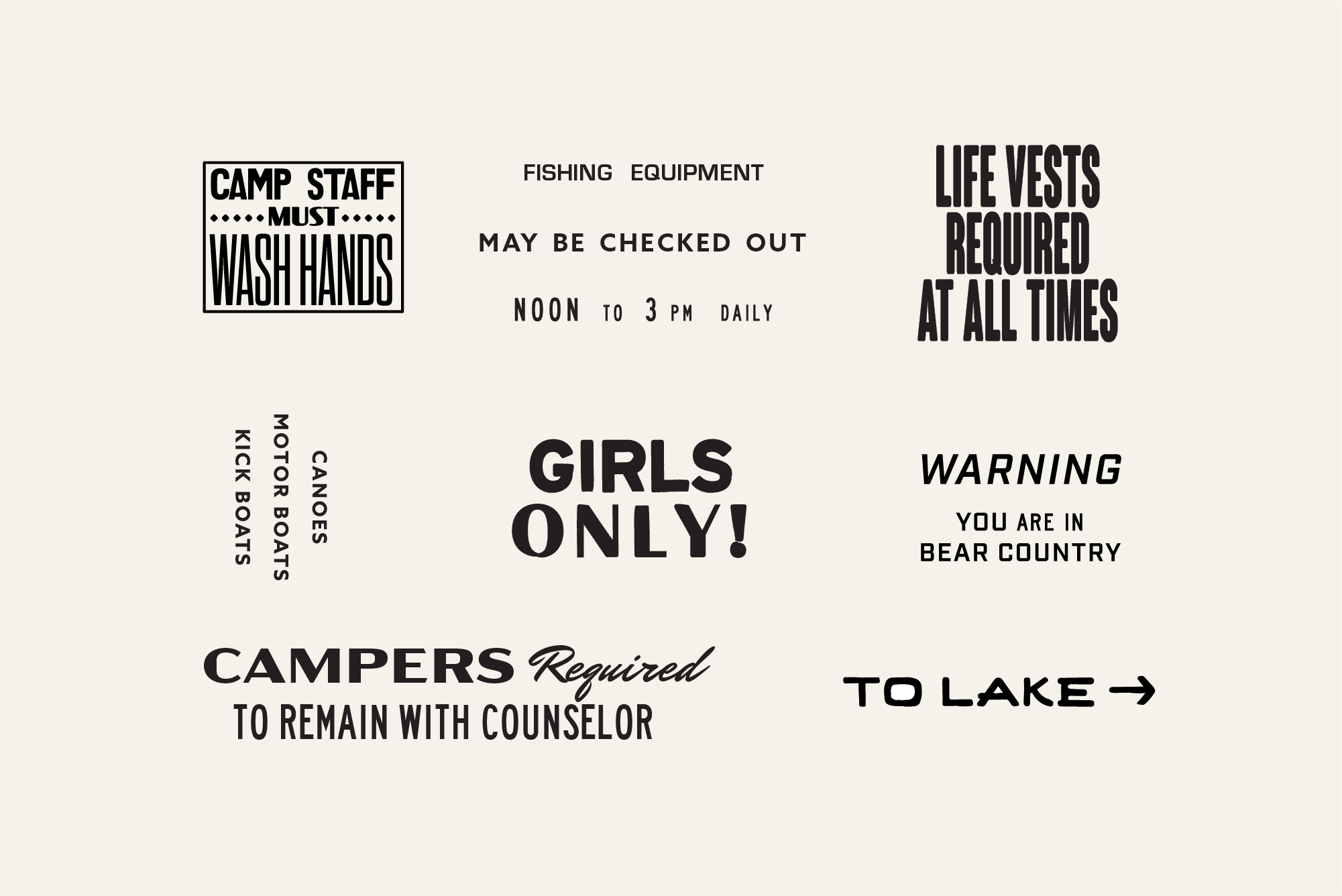 These retro typographic treatments for camp signage represent only a fraction of the artwork that I created for the set.