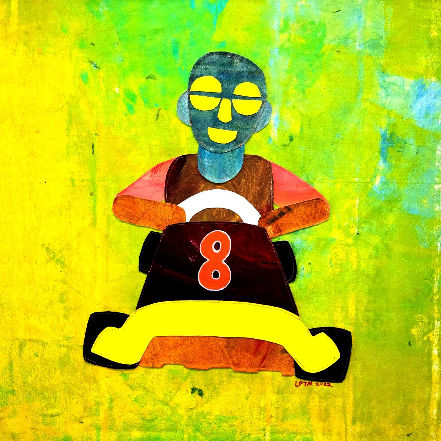 "The Racer," 2023. Acrylic-painted textile collage. 32" x 32". $1,000