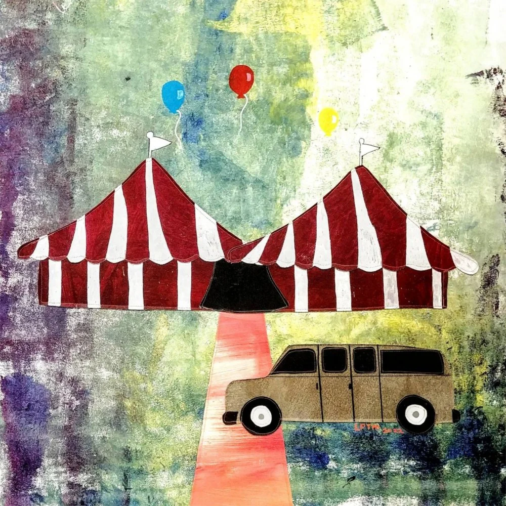 "The Big Tent," 2023. Acrylic-painted textile collage. 32" x 32". $1,000