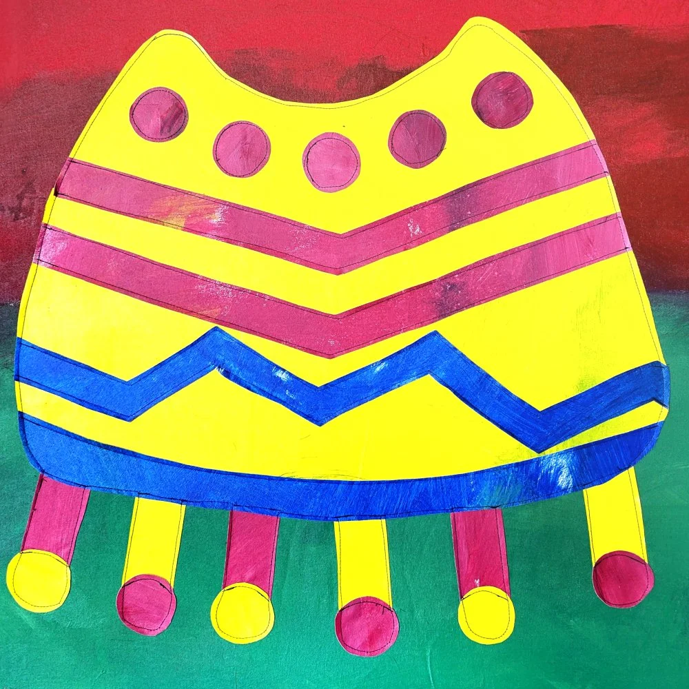 "The Poncho," 2025. Acrylic-painted textile collage. 32" x 32". $1,000