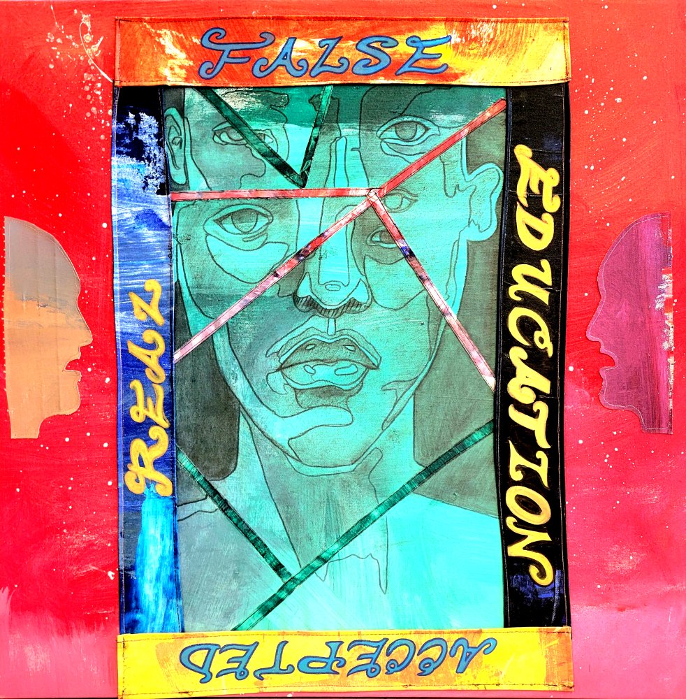 "False Education Accepted as Reality," 2024. Acrylic-painted textile collage. 30" x 30". $900