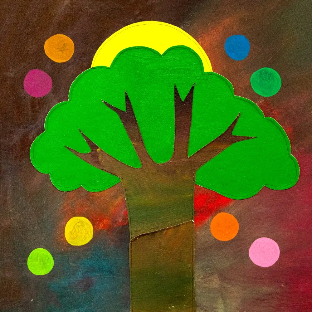 "Circles of Life," 2025. Acrylic-painted textile collage. 32" x 32". $1,000