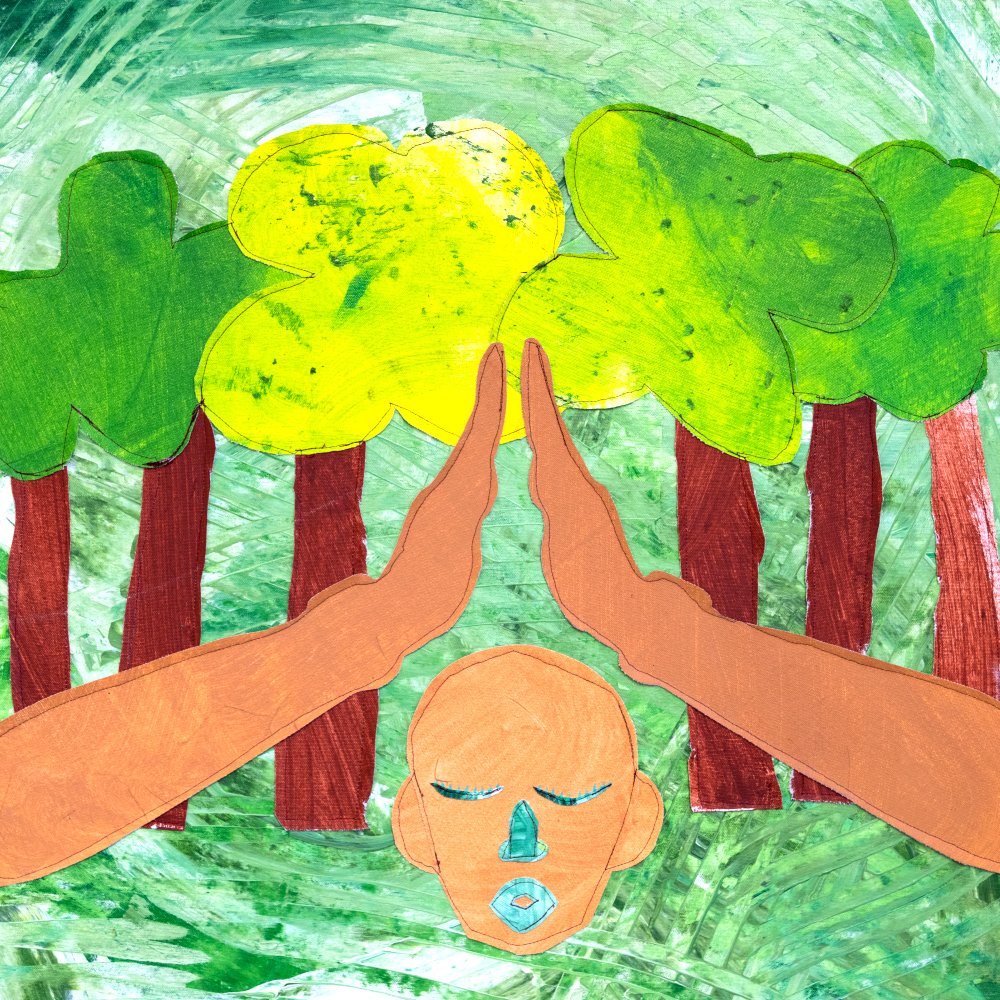 "Meditating," 2021. Acrylic-painted textile collage. 34" x 28". $950