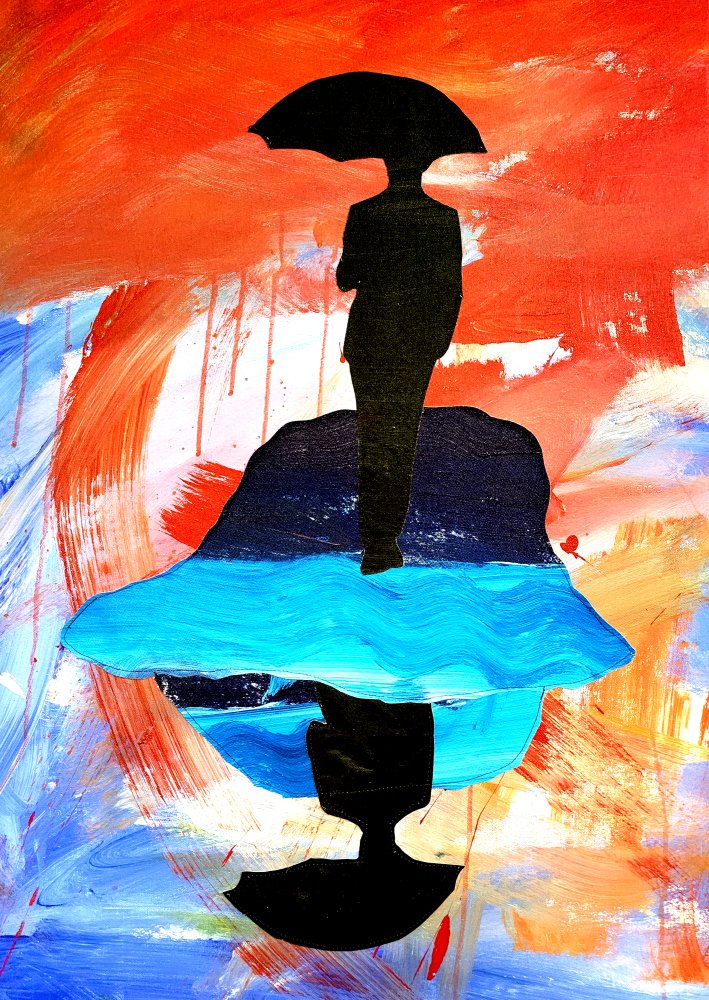 "Through the Storm" 2025. Acrylic-painted textile collage. 22" x 31". $700