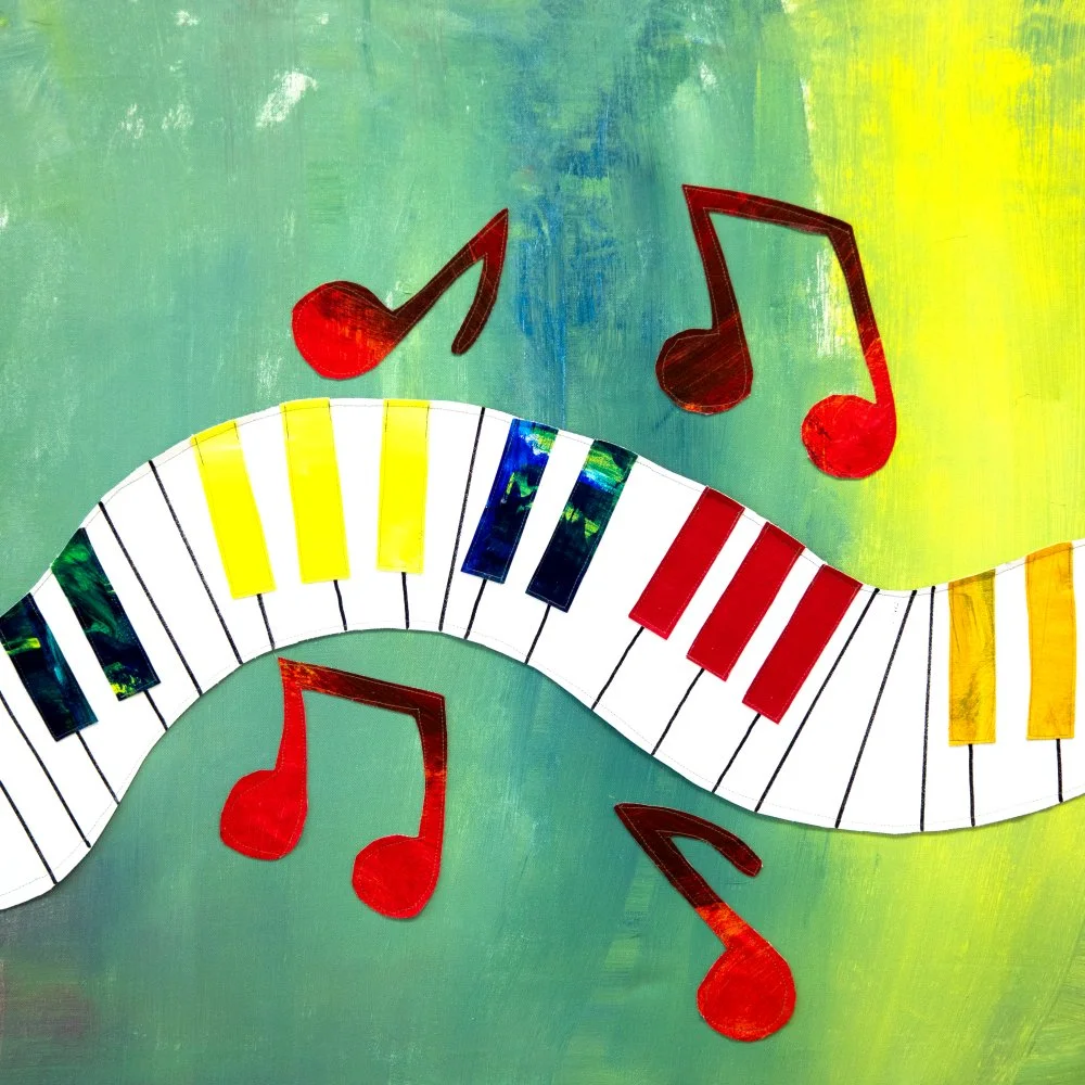 "Making Music," 2023. Acrylic-painted textile collage. 32" x 32". $1,000