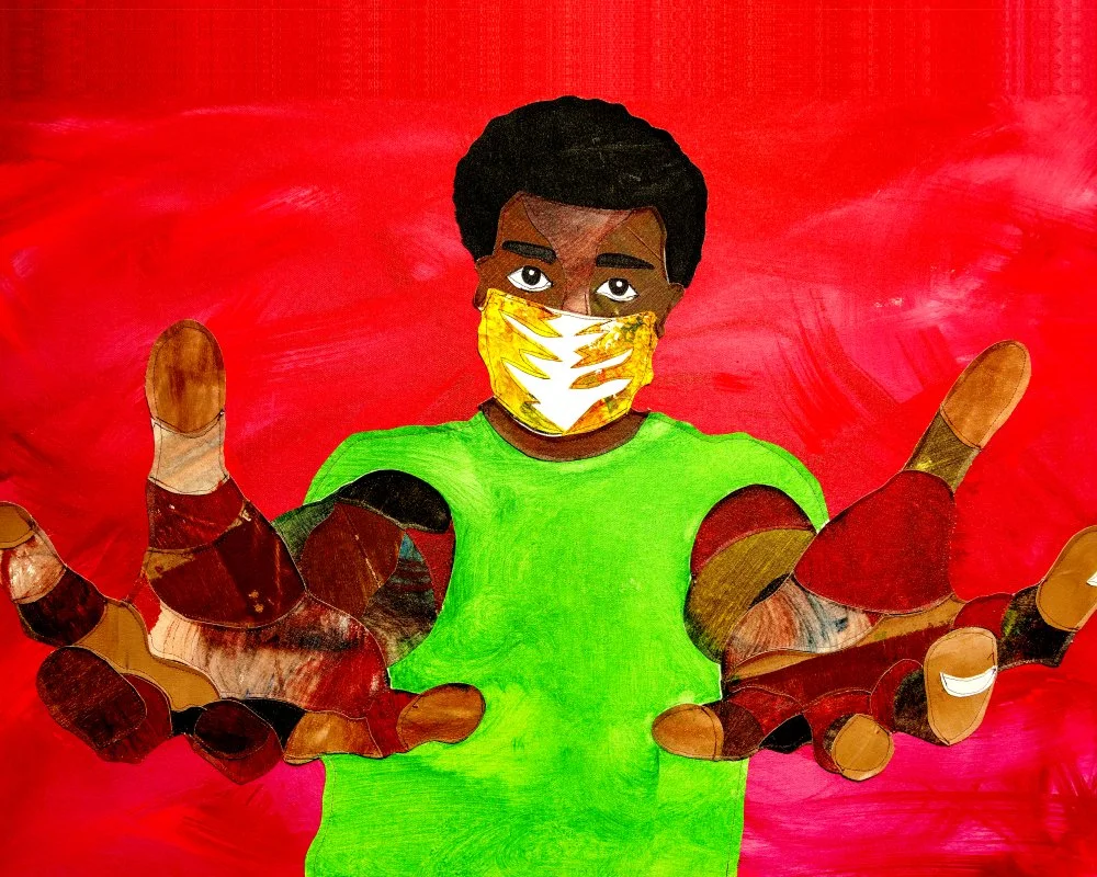"Contribute," 2021. Acrylic-painted textile collage. 38" x 26". $1,200