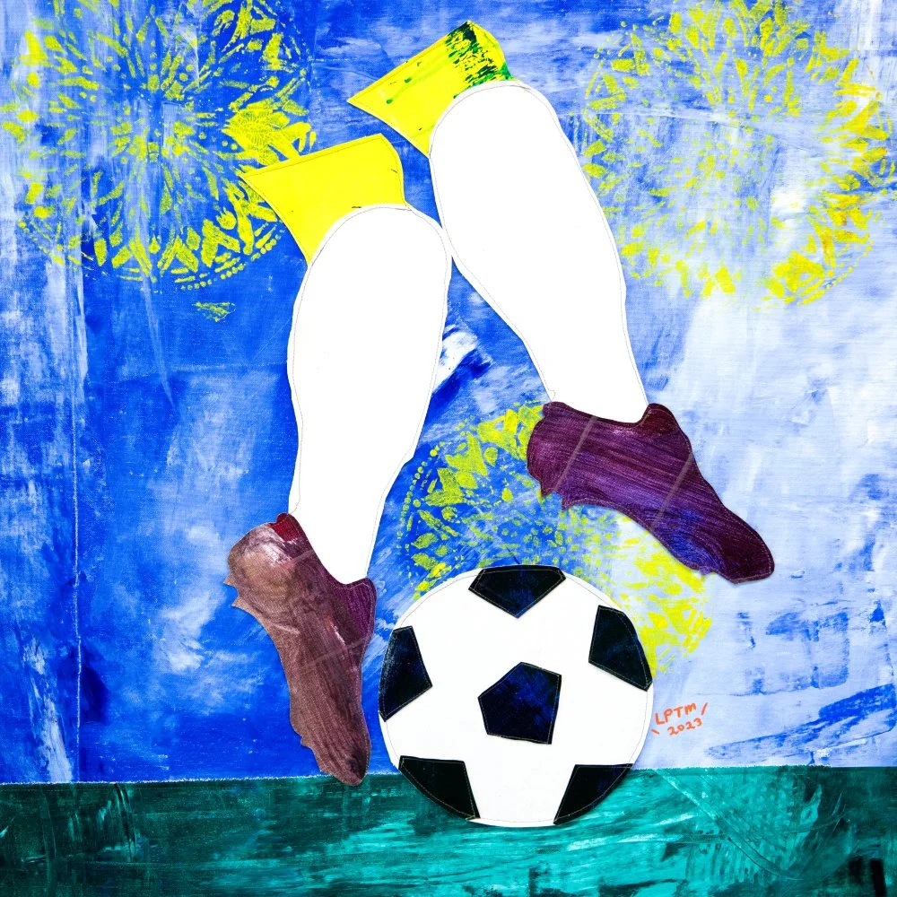 "Soccer Star," 2023. Acrylic-painted textile collage. 32" x 32". $1,000
