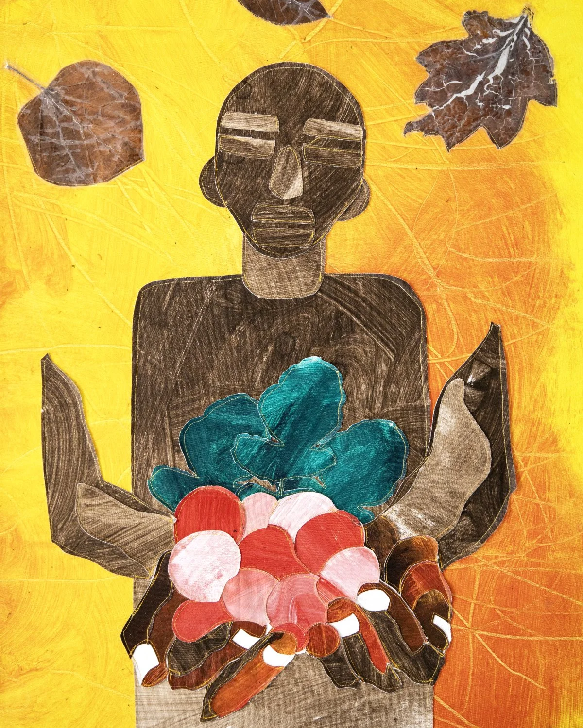"Garden Bounty," 2021. Acrylic-painted textile collage. 26" x 32". $850