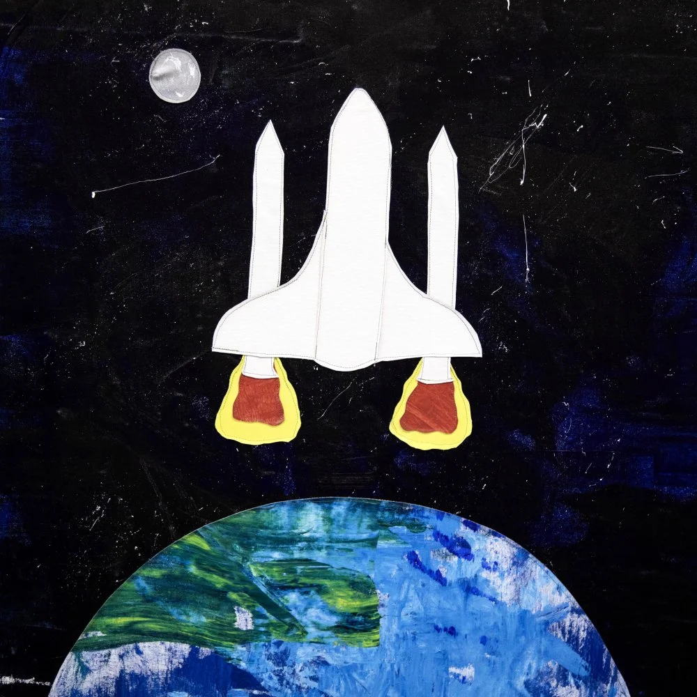 "Into Outer Space," 2023. Acrylic-painted textile collage. 32" x 32". $1,000