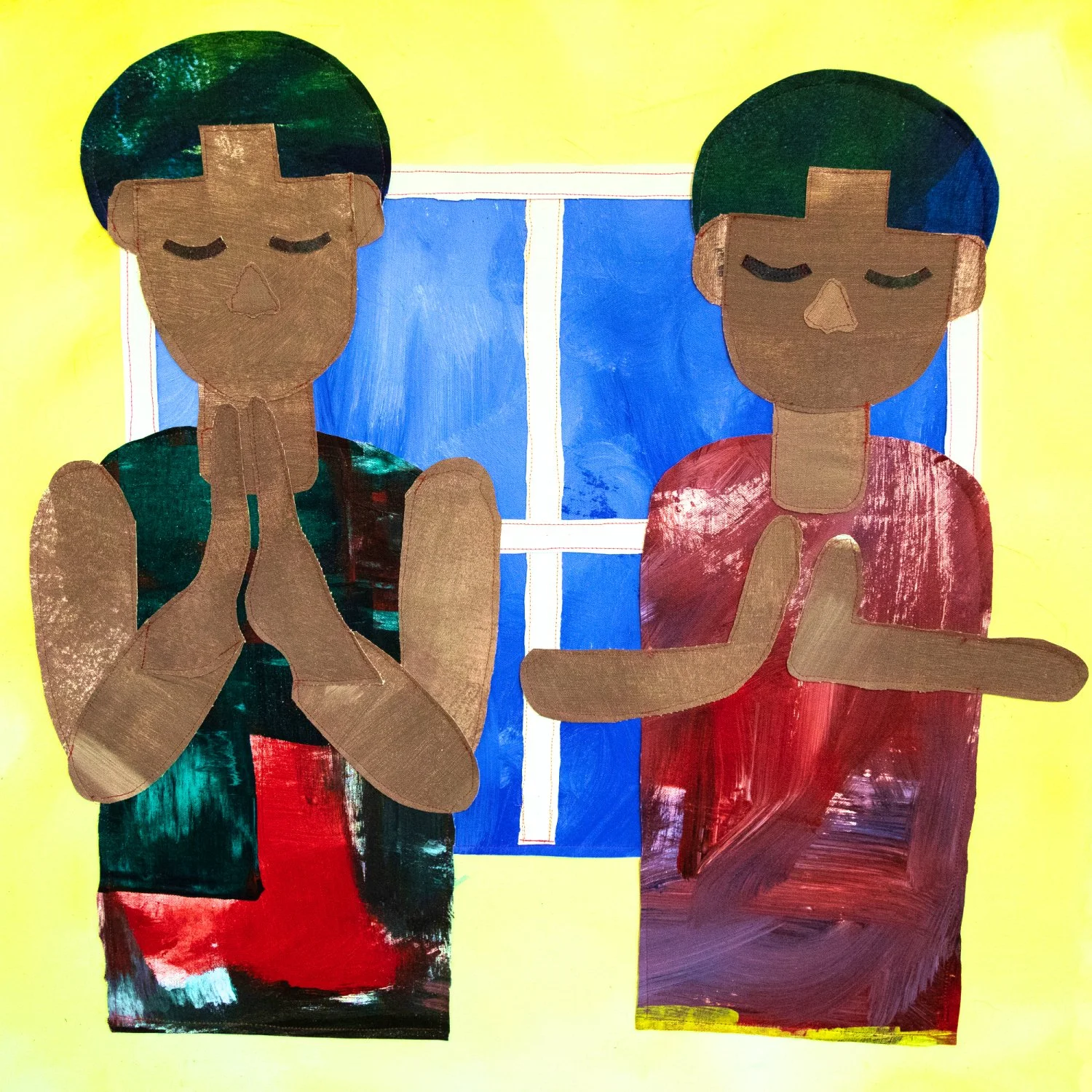 "Me and My Former Bully," 2021. Acrylic-painted textile collage. 32" x 32". $1,000