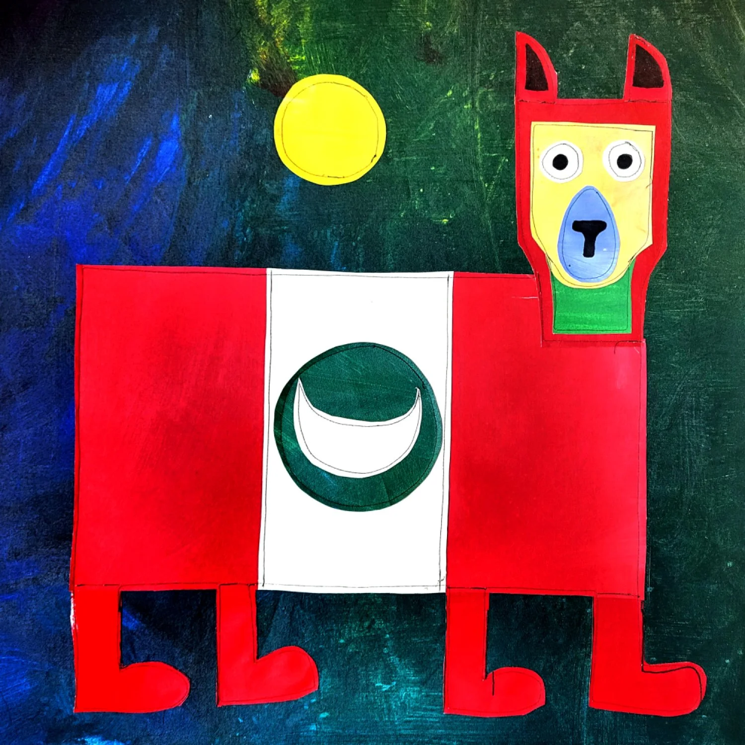 "Peruvian Llama," 2025. Acrylic-painted stitched canvas. 32" x 32". $1,000