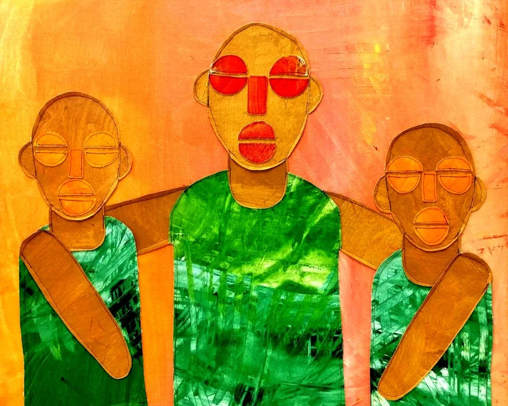 "I Got Your Back II" 2019. Acrylic-painted textile collage. 32" x 30". $950
