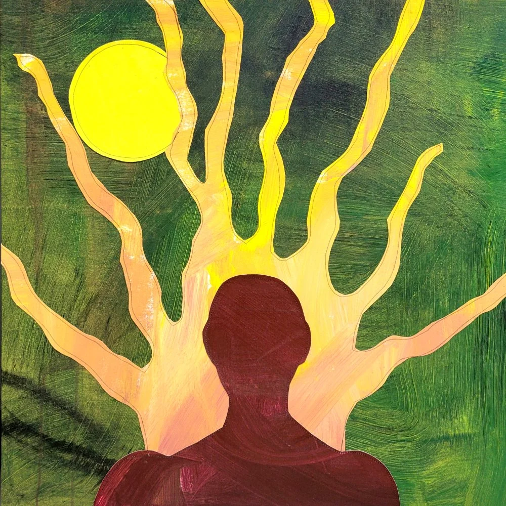 "Branching Out," 2025. Acrylic-painted textile collage. 30" x 32". $950