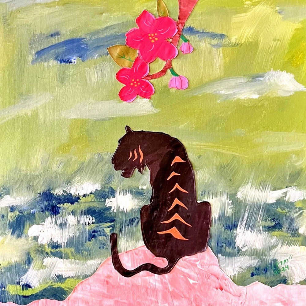 "The Korean Tiger," 2024. Acrylic-painted textile collage. 32" x 32". $1,000