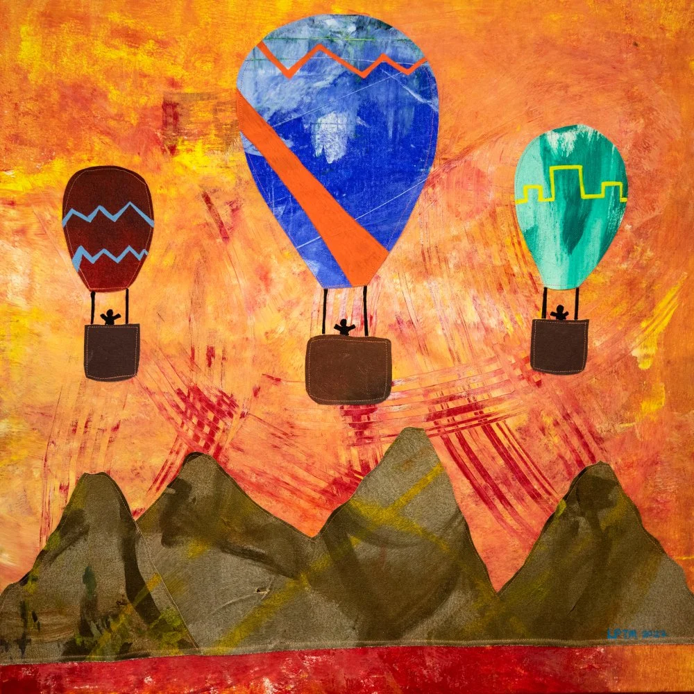 "Summer Dreams," 2023. Acrylic-painted textile collage. 32" x 32". $1,000