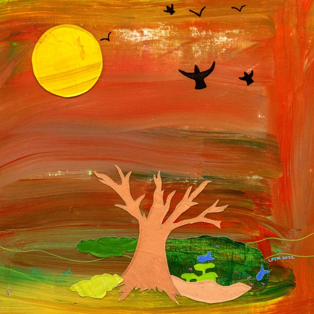 "Sunset in the Wild," 2021. Acrylic-painted textile collage. 32" x 32". $1,000