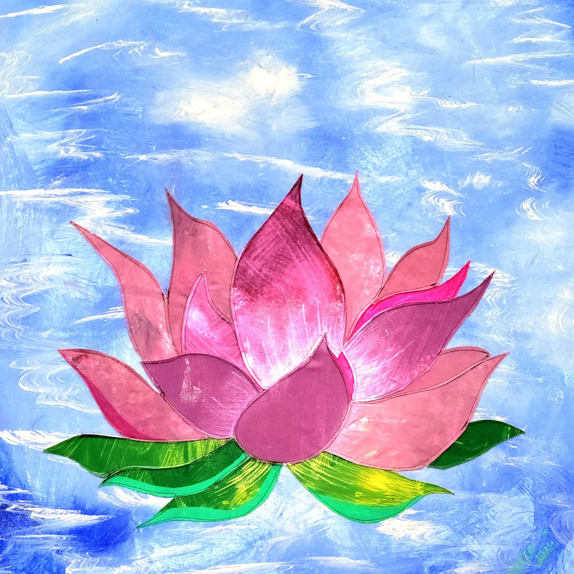 "The Lotus," 2026. Acrylic-painted stitched canvas. 32" x 32". $1,000