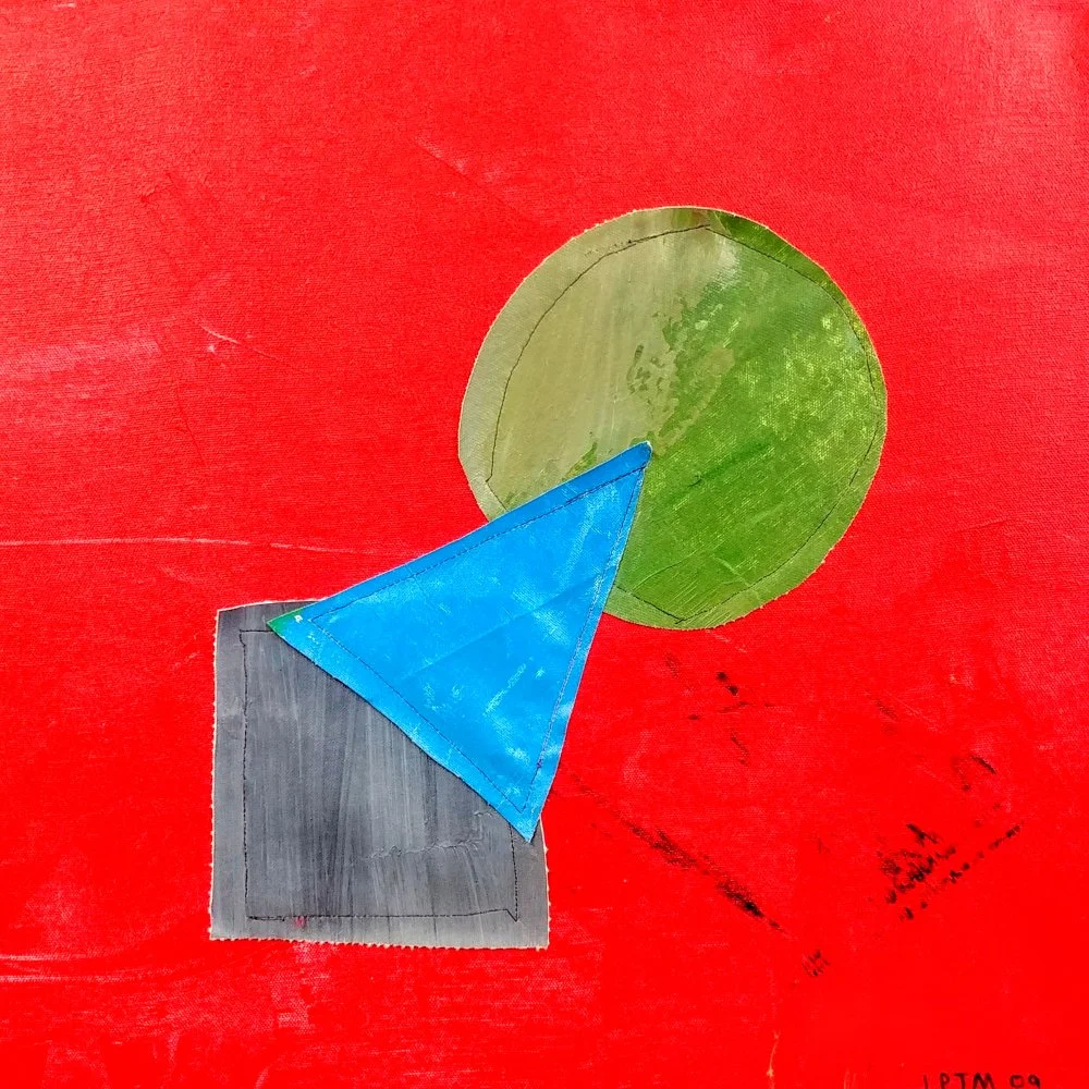 "Abstract Shapes III" 2009. Acrylic-painted textile collage. 32" x 32". $300