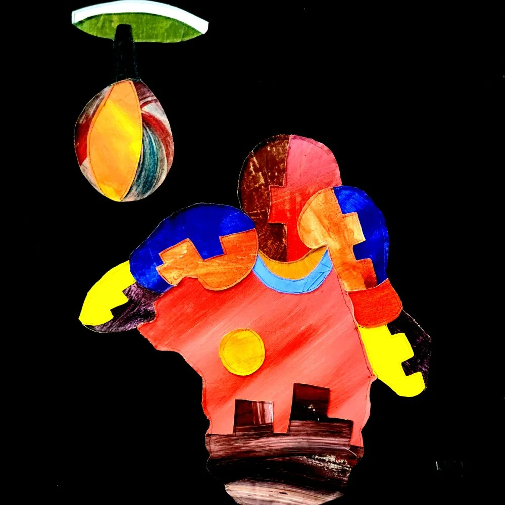 "The Boxer" 2019. Acrylic-painted textile collage. 32" x 32". $1,000