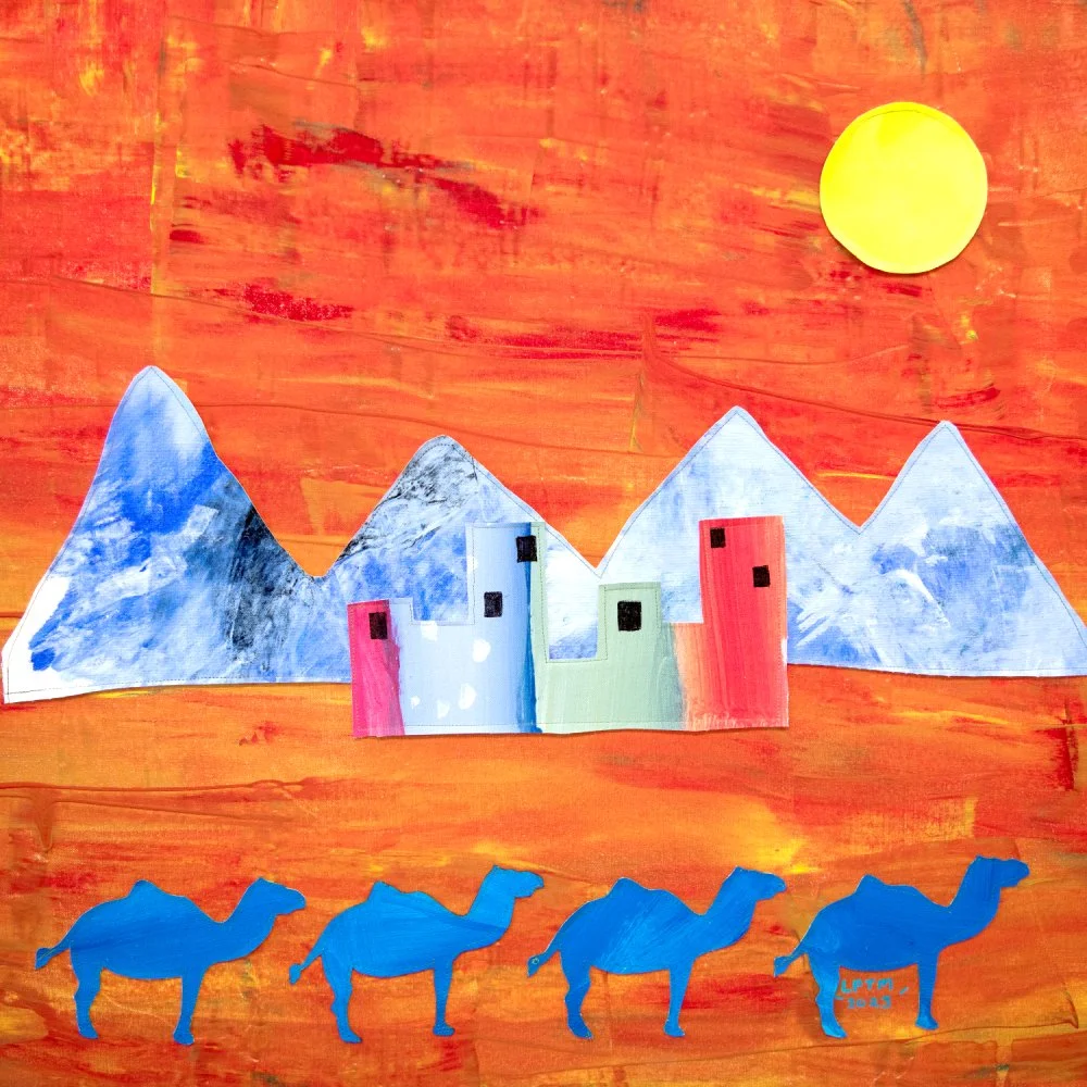 "Moroccan Summer," 2023. Acrylic-painted textile collage. 32" x 32". $1,000