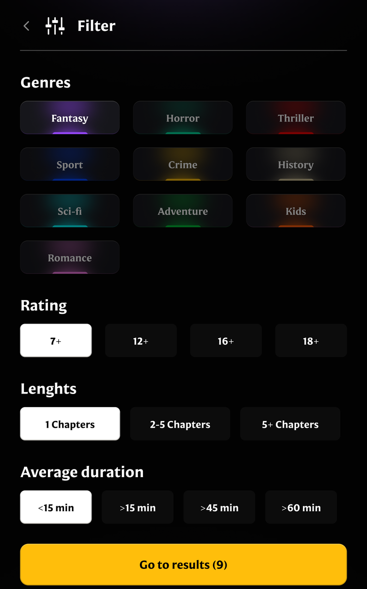 Catalog filters in the PlayNook app: genre, rating, length and duration