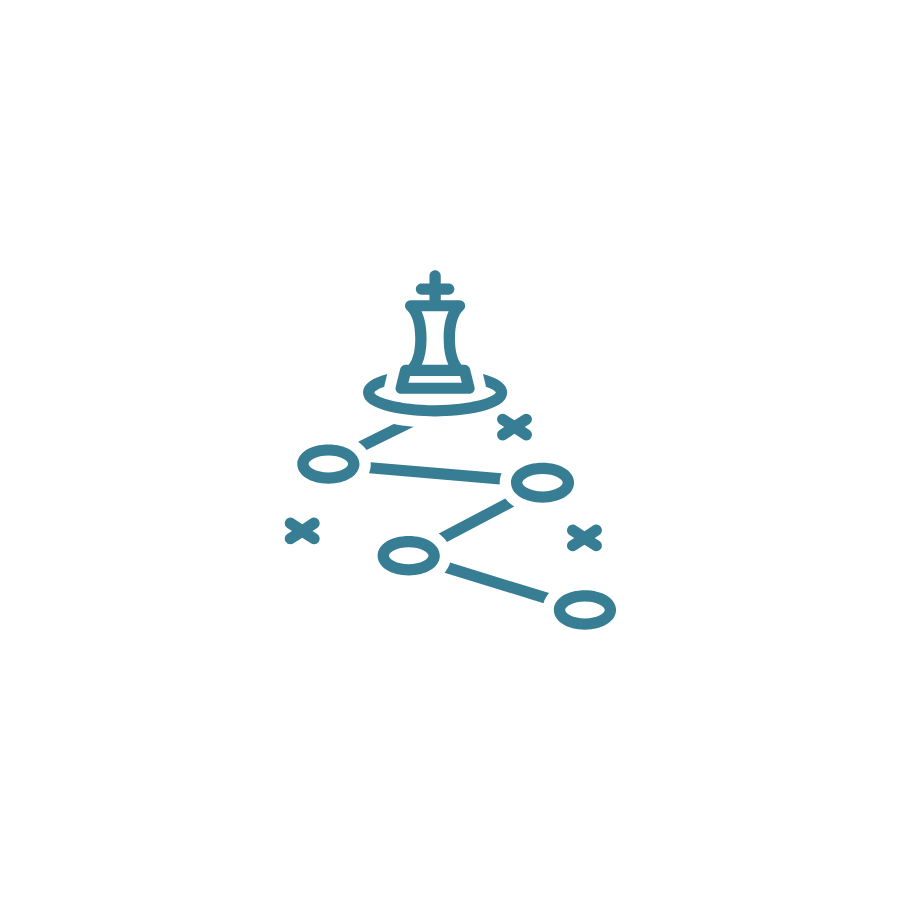 Black background with a blue chess king piece at the top and connected blue circles and lines forming a network diagram underneath.