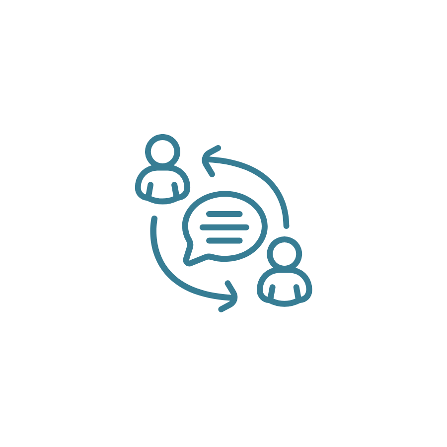 Icon of two people with arrows indicating conversation or communication between them, with a speech bubble in the center.